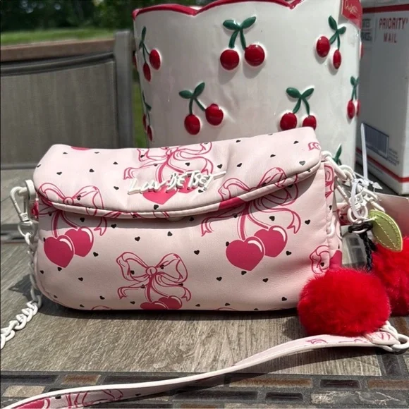 NWT! Betsey Johnson Pink Cherry Hearts Bows Soft Crossbody Bag - Picture 7 of 7